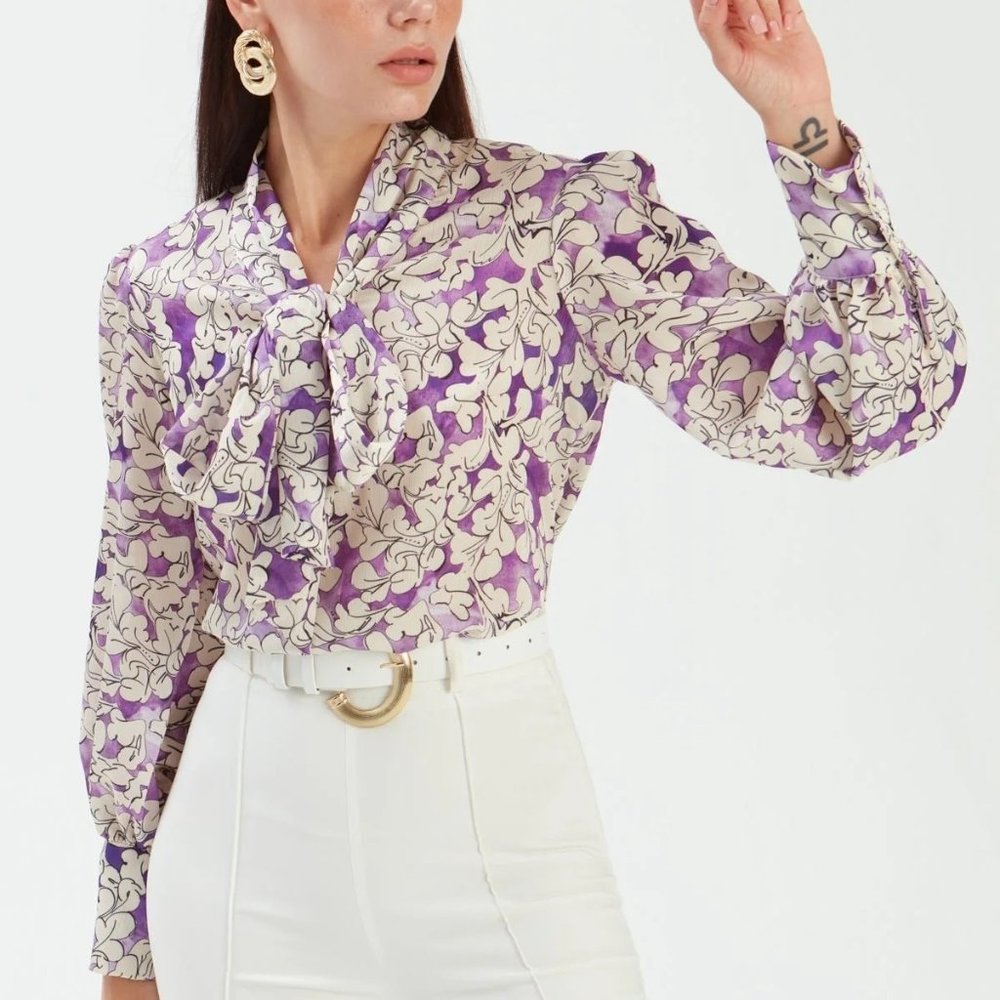 Bow Tie Collar Patterned Blouse - PURPLE